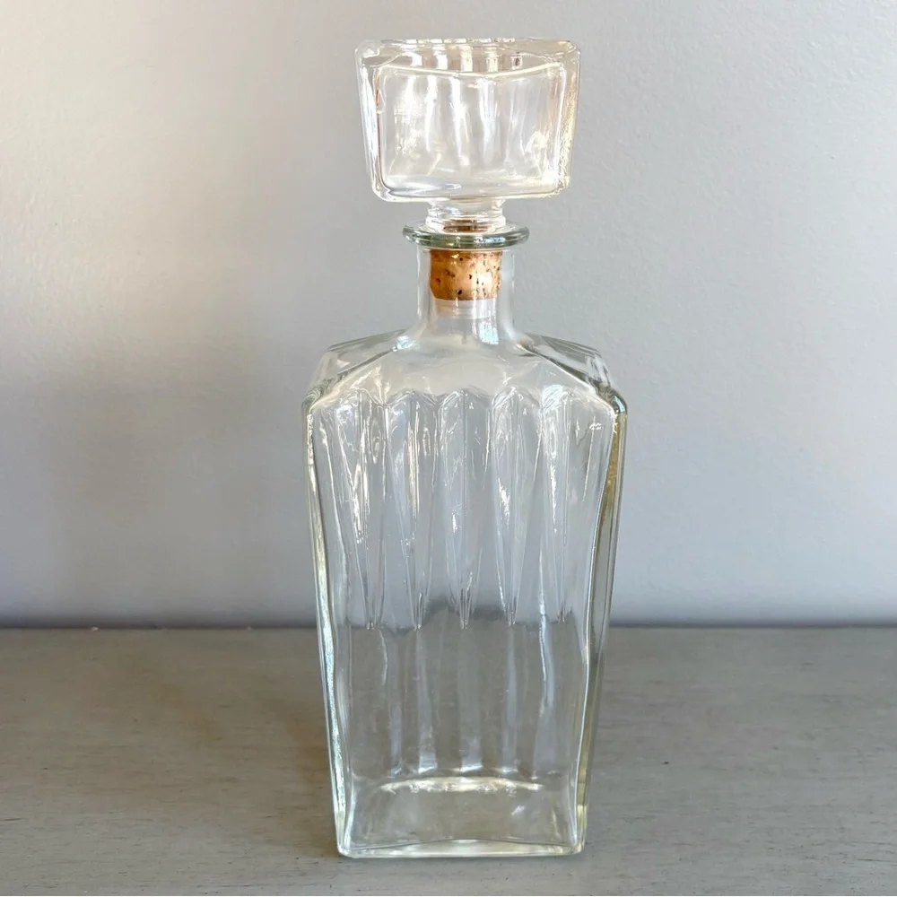 VTG 60s Heavy Clear Glass Liquor Bottle Decanter Vase Decor w/ Cork Stopper 11